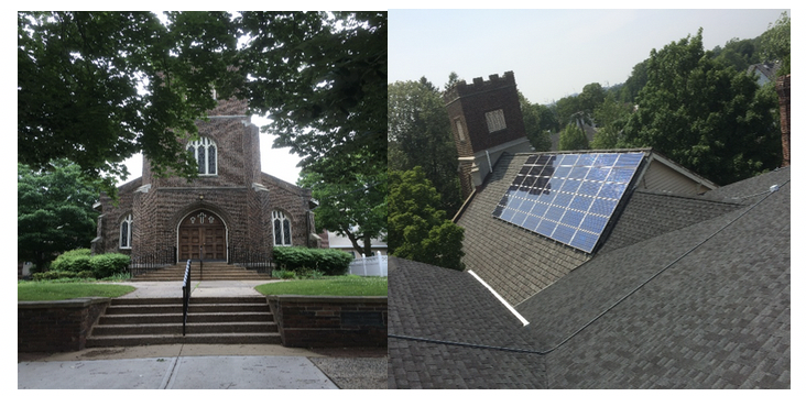 Figure 2 – Street Entrance from S. 2nd Ave (left). Rack mounted solar panels (42 X 102W) atop one of the 3 buildings at the Reformed Church (right)